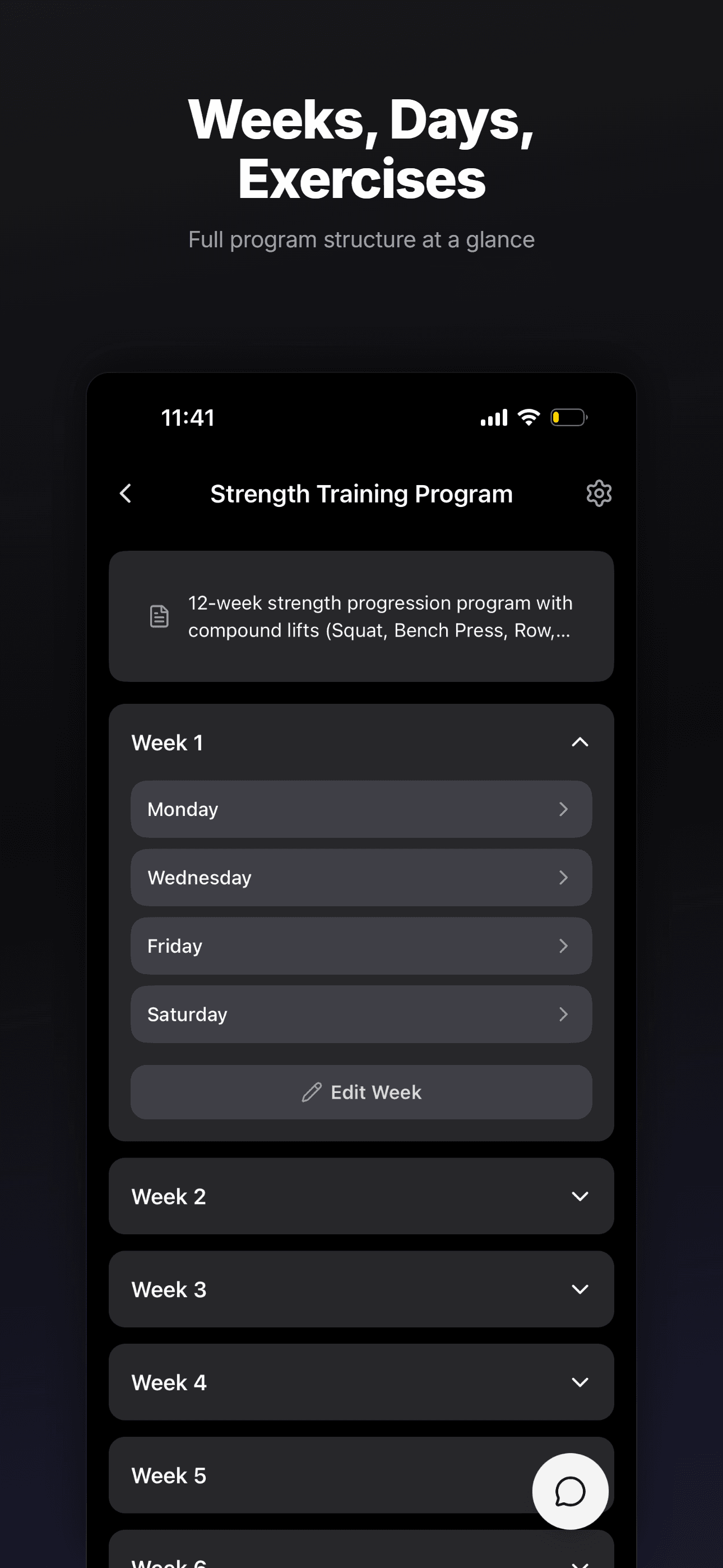 Weeks, Days, Exercises